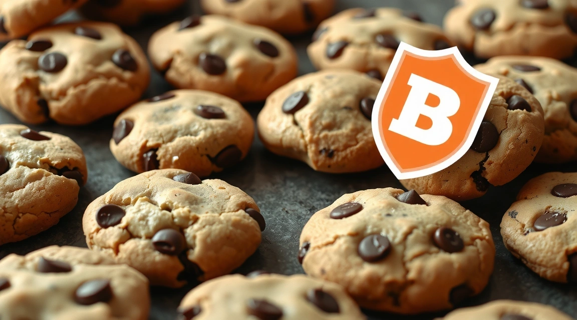 Rysunek przedstawiający ciasteczka i symbol prywatności, symbolizujący politykę plików cookie.