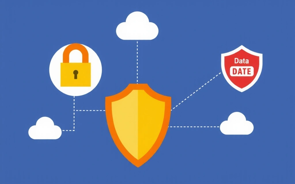 Ilustracja przedstawiająca bezpieczne przechowywanie danych cyfrowych, z ikonami kłódek i tarcz