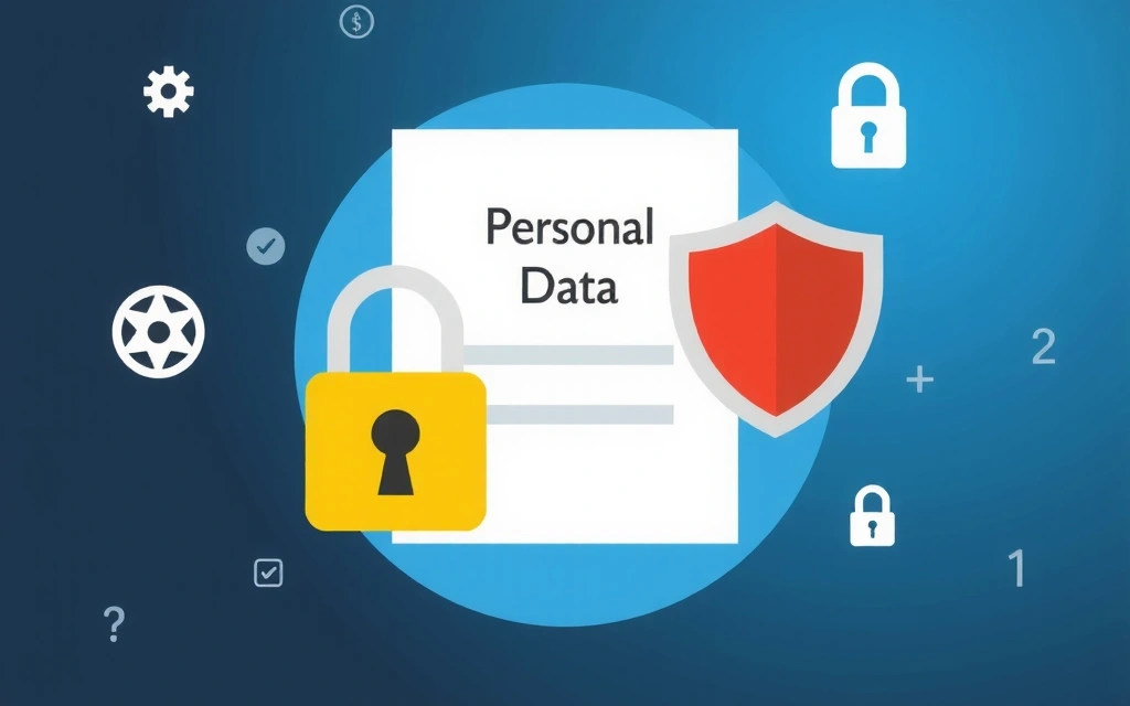 Ilustracja przedstawiająca bezpieczne przechowywanie danych osobowych, z ikonami kłódki i tarczą ochronną na tle cyfrowych symboli.