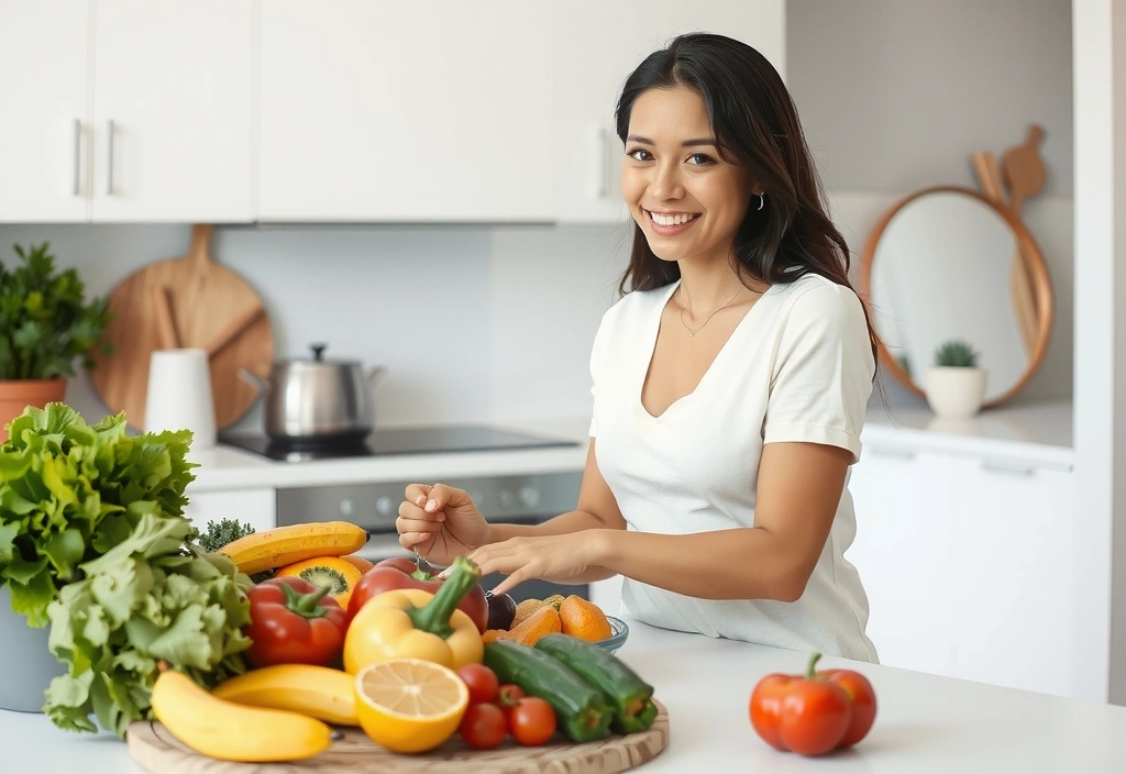 Kobieta przygotowująca zdrowy posiłek z warzywami i owocami