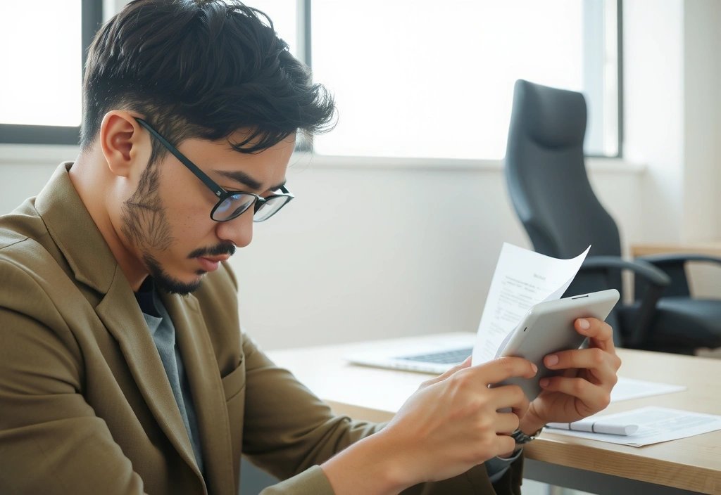 Osoba czytająca dokumenty prawne, symbolizująca warunki korzystania z serwisu.
